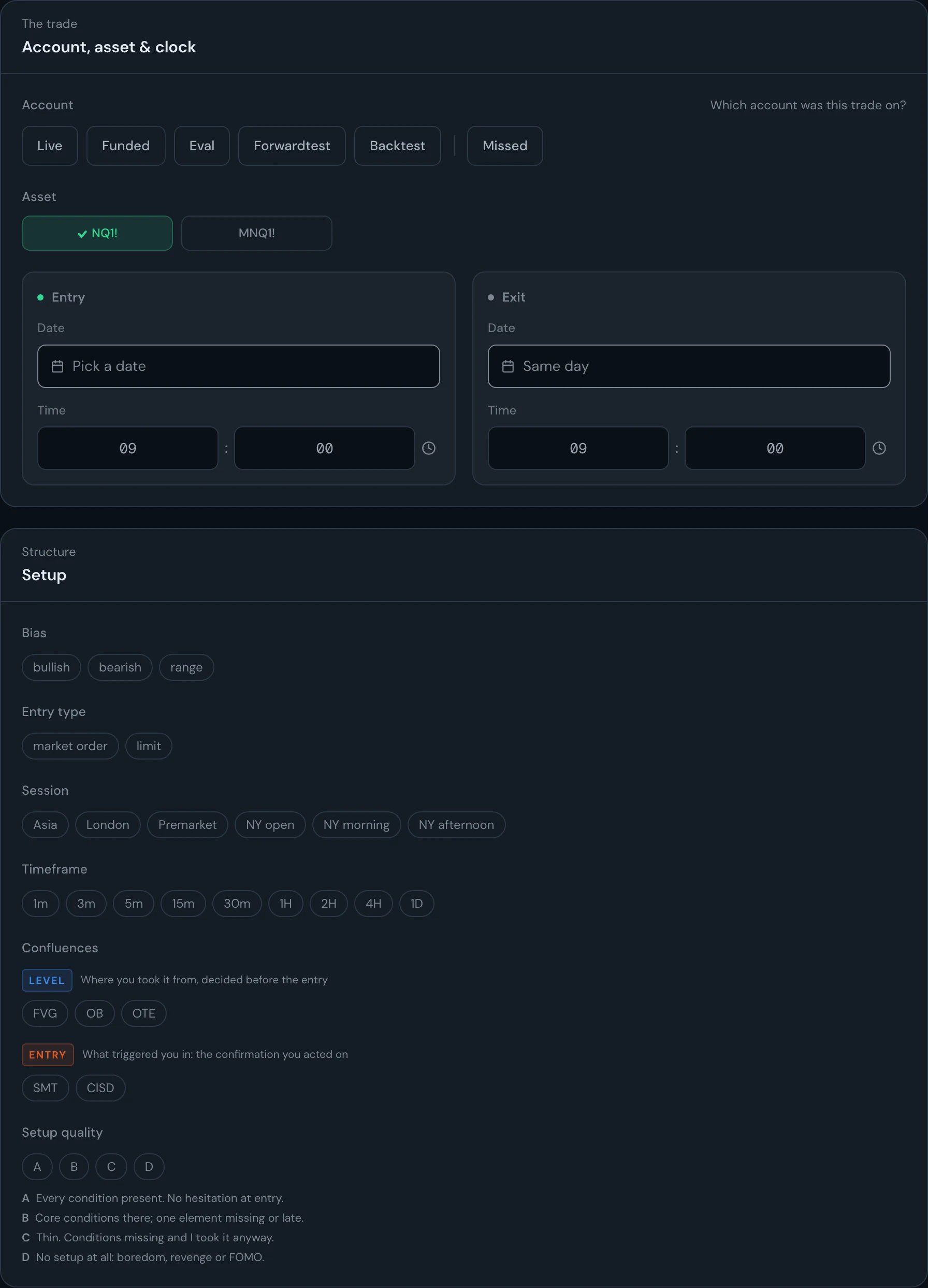 The add-trade form: the account as a row of buttons (live, funded, eval, forwardtest, backtest, and missed set apart at the end), NQ or MNQ, entry and exit as two blocks with their own date and time, then a Setup card where bias, entry type, session, timeframe, confluences and setup quality are all chips you tap, with confluences split into the level you took it from and the entry that triggered you, and each setup grade explained in one line.